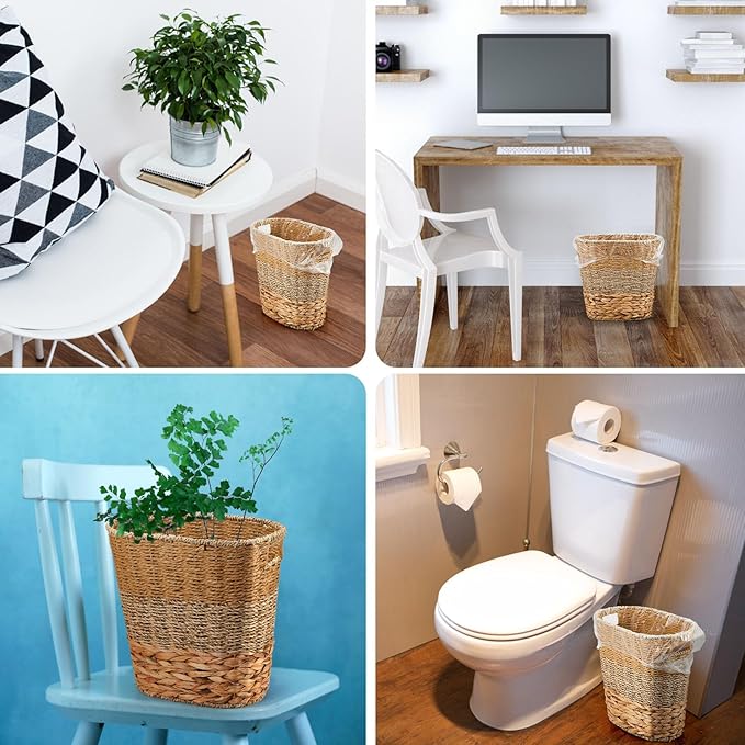 2 Pcs Wicker Trash Can with 50 Small Trash Bag Wicker Waste Woven Basket with Handles Clear Multi Use Garbage Bags for Bathroom Kitchen Bedroom