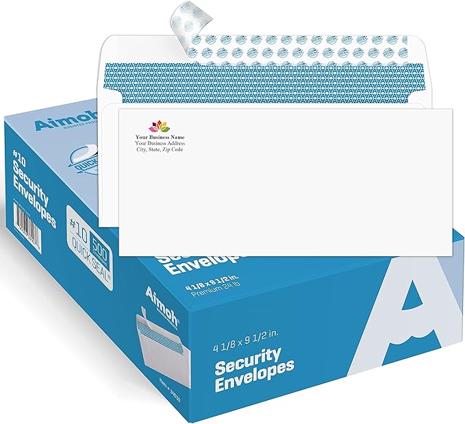 Aimoh #10 Custom Printed Security Tinted Self–Seal Envelopes - Personalized with Logo and Address/Return Address Imprinted -Size 4-1/8 X 9-1/2" -White -24 LB -Box of 2500 Count (7-34010-2500)