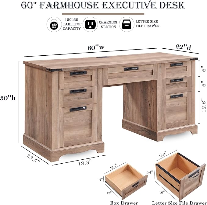 RedLemon 60" Farmhouse Executive Desk with Drawers, Wood Home Office Desk w/Charging Station, Keyboard Tray, File Drawer, Storage Cabinet, Rustic Computer Writing Desk (Natural Oak)