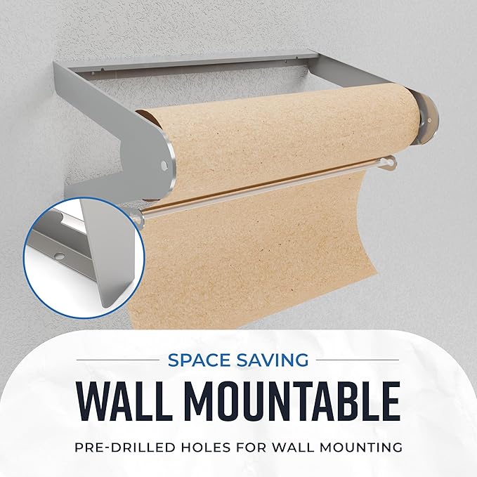Bryco Goods 18 Inch Paper Roll Dispenser and Cutter, Wall Mountable & Non-Slip Tabletop, Heavy-Duty Steel Frame – Kraft, Butcher, Freezer, Wrapping Paper Holder – for Home, Office, Craft Projects