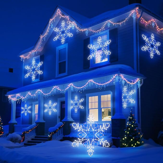 Joomer 35'' Christmas Large Snowflake Lights Decoration Waterproof Outdoor Christmas Lights Super Bright with Timer for Home Party Wall Hanging Light (White & Blue)