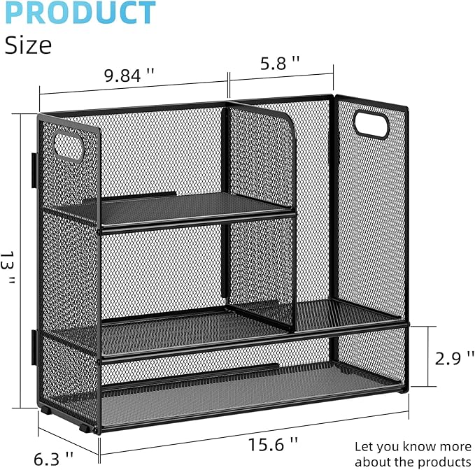 Marbrasse 2-Tier Desk Shelf Organizer with Handle, Desktop Bookshelf File Holder, Mesh Display Shelf Organizer Storage Rack for Office, Home, Supplies, Kitchen (Black)