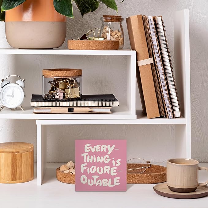 Inspirational Pink Office Decor, Every Thing is Figure Outable Motivational Office Accessories Wooden Box Sign, Inspirational Gifts for Women, Men Wall Desk Shelf Tabletop Decoration 5x5In