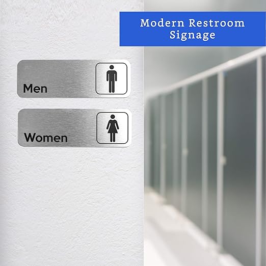 Men and Women Restroom Sign (Brushed Aluminum Set of 2) - Modern Bathroom Sign for Business - Restroom Signs for Business