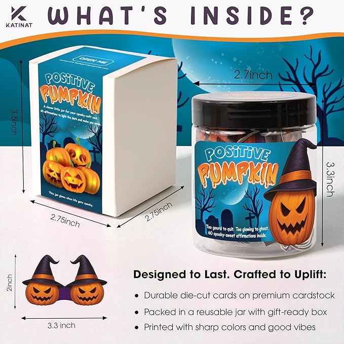 Positive Pumpkin Jar, Affirmation Jar – Halloween Gifts for Kids, Teens, Women – 60 Cute Pumpkin Cards for Emotional Support, Halloween Decor, Trick or Treat Basket Stuffer