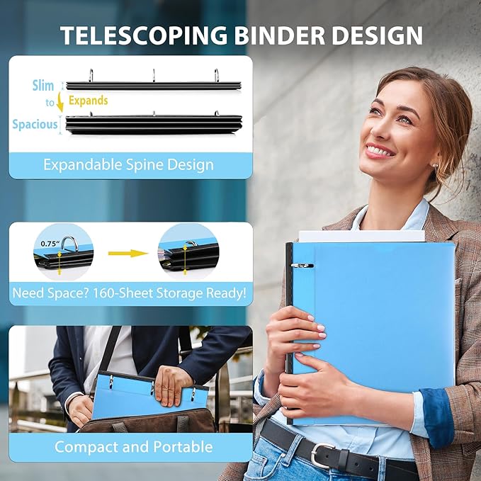 WOT I 12-Pack Telescoping 3 Ring Binder(0.75"), Expandable Flexible Binder - Patented Design for Easy Portability, Holds 160 Sheets, 4 Bright Colors, Perfect for School, Office&Home Organization