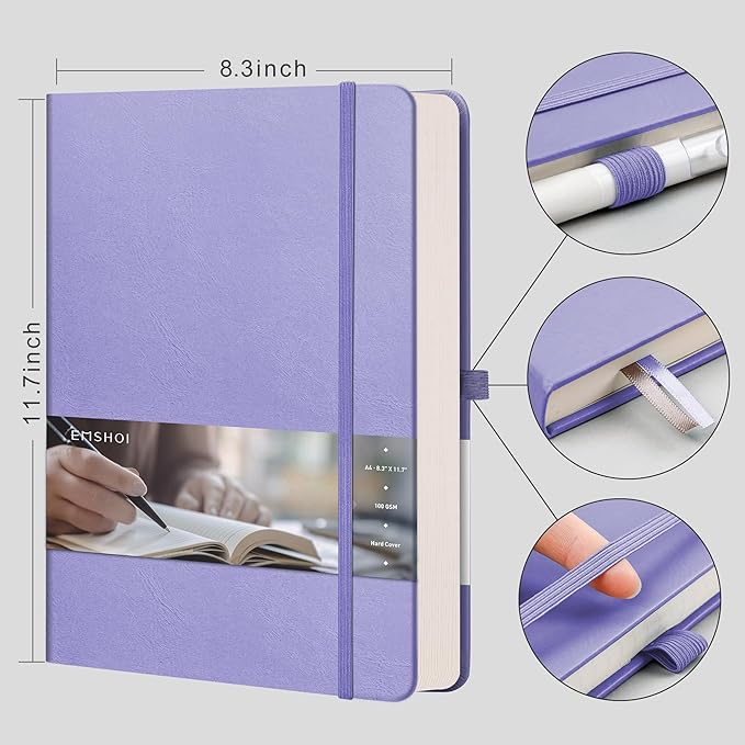 EMSHOI Dotted Journal - A4 Large (8.5”x11”) PU Leather Hardcover Dotted Notebook for Women & Men, 192 Pages, 100 GSM Thick Paper - Bullet Journaling, Work, Notes, Sketching, Purple