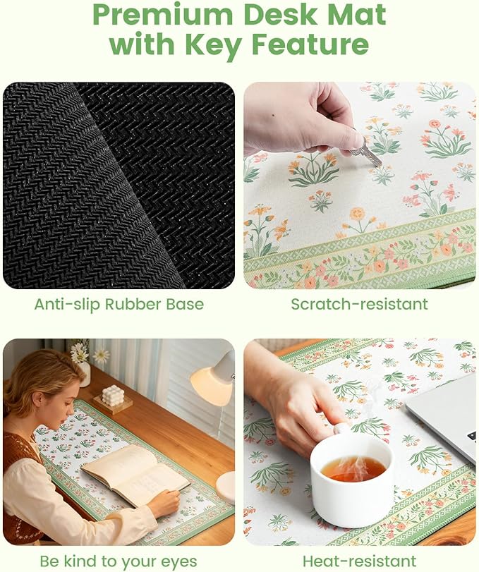 iCasso Desk Cover Mat, Extra Large Floral Mouse Pad, Desk Pad Mat,Office Matt for Desktop Protector, Anti-Slip XXL Big Mousepad with Stitched Edges for Laptop Computer Keyboard(White)