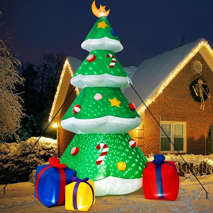 Outdoor Christmas Inflatables Decorations, 8FT Inflatable Christmas Tree with Build in Rolated Snowflake Lights, Blow up Inflatable Tree with Gift Boxes and Moon for Christmas Party Indoor, Outdoor,