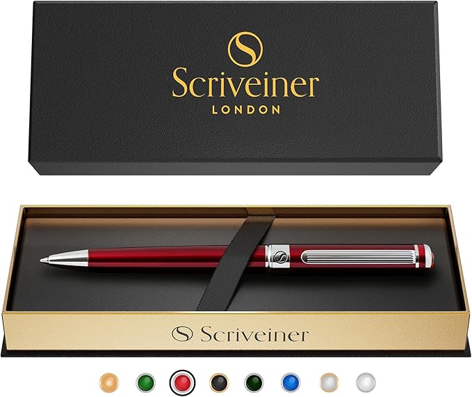 Scriveiner Deep Crimson Ballpoint Pen - Stunning Red Lacquer Luxury Pen, Chrome Finish, Schmidt Black Refill, Best Ball Pen Gift Set for Men & Women, Professional Executive Office, Nice Designer Pen
