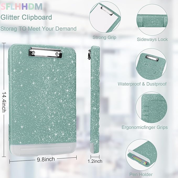 Glitter Clipboard with Storage,Storage Clipboard with Pen Holder,A4 Binder Clip Boards 8.5x11 with Low Profile Clip,Side Opening Sparkle Clipboards, Clipboards Folder for Office Supplies-Grayish Green