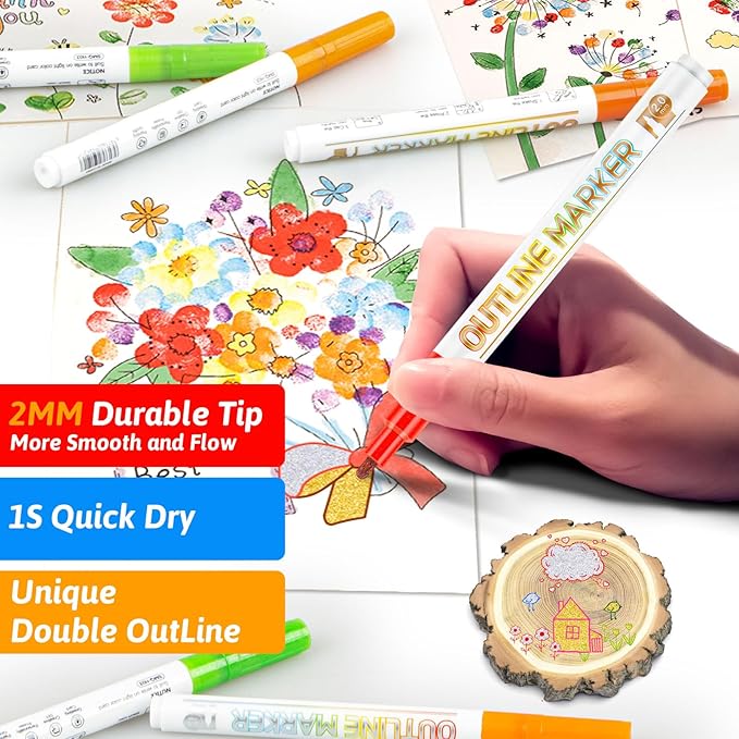 Outline Markers Self-outline Metallic Markers, 20 Silver&12 Gold Colors Double Line Outline Markers Super Squiggles Shimmer Glitter Pen Set for Christmas Greeting Card,Kid Drawing,Doodling,DIY Crafts