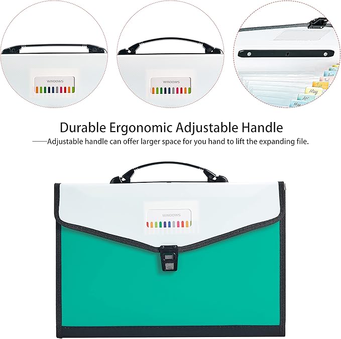 Leagl Size 13-Pockets Expanding File Folder with Handle, Plastic Accordion Filling File Folder Expandable Monthly Portable Paper Document Organizer for Office School & Home (Green)