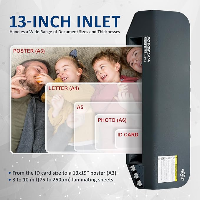 SINCHI 13" Thermal Laminator Machine – 3–10 Mil, 48s Warm-Up, 17s/Sheet, Heavy Duty No-Jam Design, Works with Cardstock & Dark Prints, Includes 10 Sheets, Ideal for Office, School & Business Use