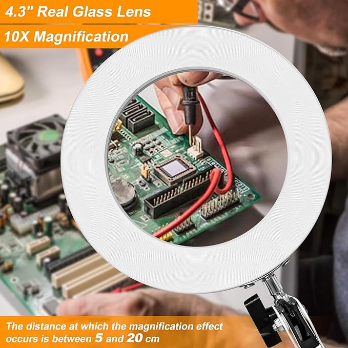 10X Magnifying Glass with Light and Clamp, 2-in-1 LED Magnifier Desk Lamp, 3 Color Modes 10 Level Dimmable, Hands-Free Lighted Magnifier for Craft Repair Nail Reading Close Works (White, Clamp)