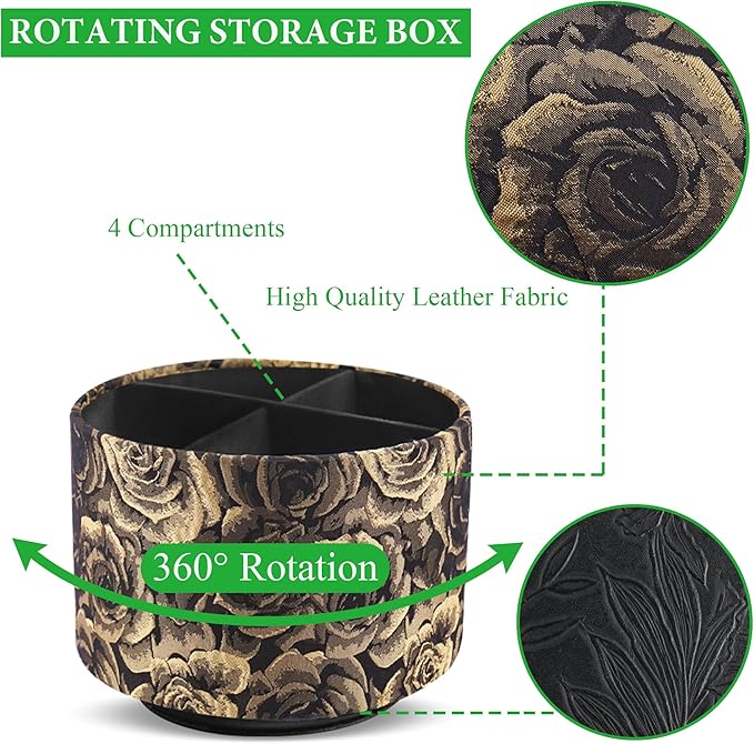 QIELIZI Round Leather Art Supply Organizer,Remote Control Holder,360 Degree Rotating,Multi-Functional Pencil Holder,4 Compartments Desktop Stationary Organizer(1-3D Rose Yellow)