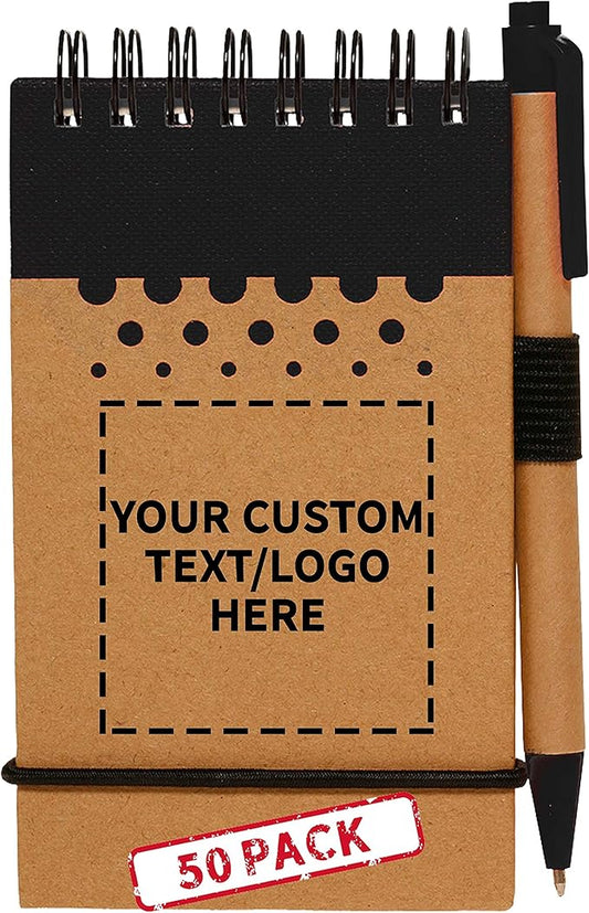 DISCOUNT PROMOS 50 Recyclable Spiral Small Notebooks Pack - Customizable Text, Logo - 60 Lined Pages - Black
