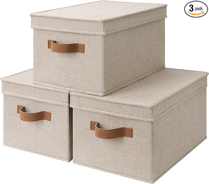 StorageWorks Large Storage Bins with Lids, Decorative Storage Boxes with Lid and PU Handles, Foldable Storage Baskets for Closet, Shelves, Stackable, Brown and Beige, 3-Pack