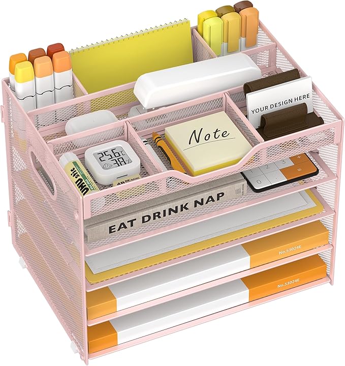 5 Tier Paper Letter Tray with 3 Drop-in Pen Holders, Mesh Desk File Organizer with Handle, Desk Organizers and Accessories for School,Home, Office Supplies Storage-Pink