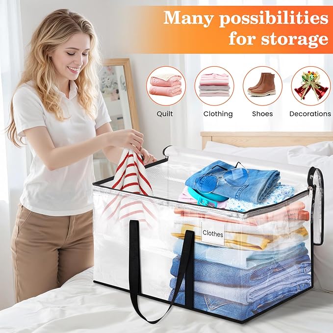 Extra Large Heavy Duty Moving Bags, Storage Bags with Strong Zippers & Handles, Packing Bags for Moving Essentials, Ideal Storage Tote for Home, Dorm & Storage Solutions, 93L-10 Packs, Clear