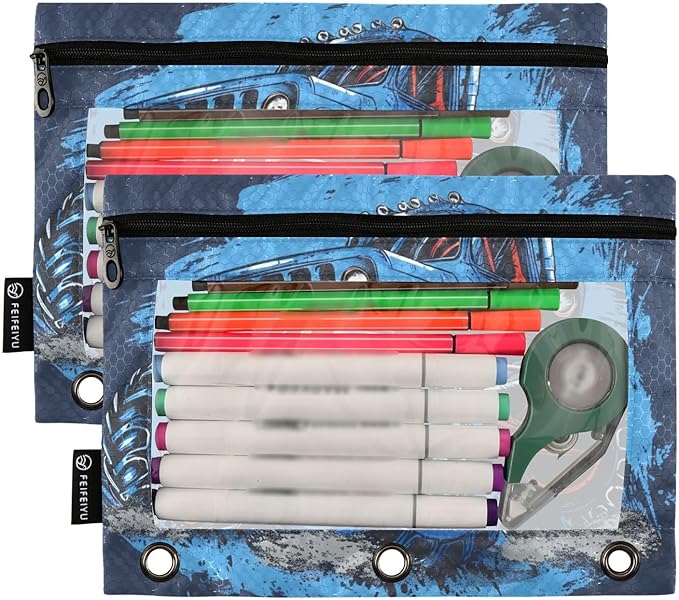 Monster Truck Blue Pencil Pouch for 3 Ring Binder, 2 Pack Waterproof Pencil Bags Clear Window Zipper School Office Supplies
