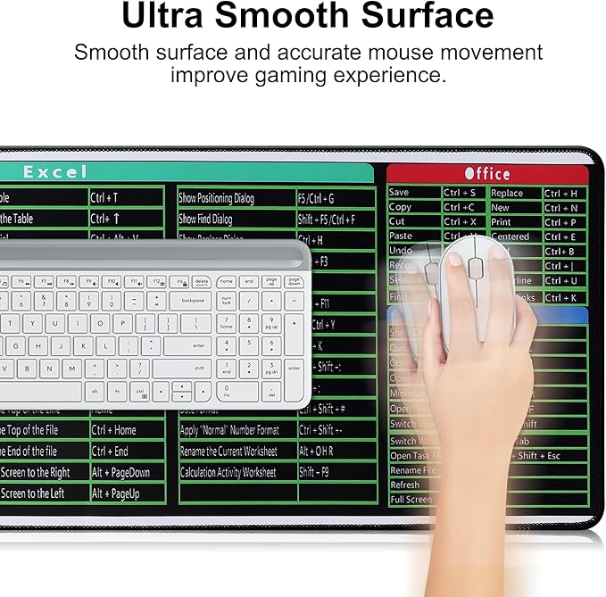 Excel Cheat Sheet Desk Pad,Excel Mouse Pad Shortcuts,Large XXL Mouse pad Gaming|Desk mat for Keyboard and Mouse| Non-Slip Computer mat with excel Shortcuts,PC Office Spreadsheet Keyboard Mat