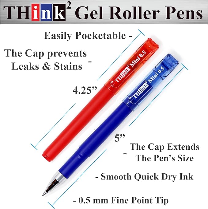 THINK2MASTER [24 Pens - 4 Black, 4 Blue, 4 Red, 4 Green, 4 Pink, 4 Purple Ink Think2 Pocketable Mini Gel Pens. Assorted Colors Fine Point (0.5mm) Small Rollerball Pens