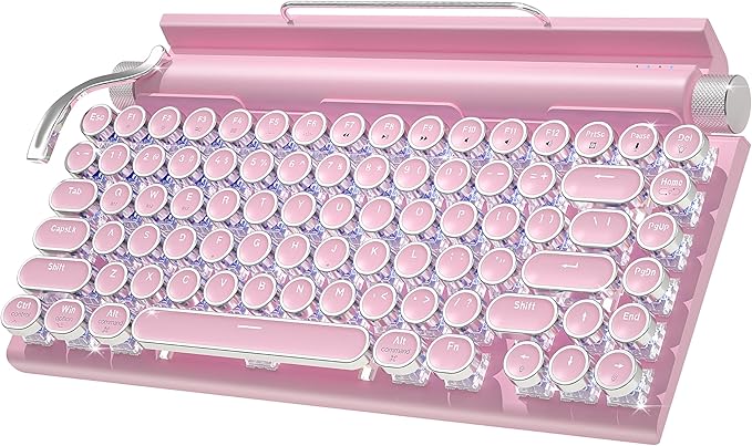 Retro Typewriter Wireless Mechanical Gaming Keyboard, Bluetooth 5.0 Office Computer Vintage Keyboards 83-Key Blue Switches Punk Round Keycap, LED Backlight, Compatible with PC/Laptop/Pad/Phone, Pink