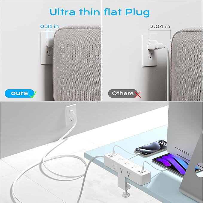 Flat Plug Desk Clamp Power Strip 10FT, 24W Total Charging Station, Desk Edge Mount Power Strip 9 AC Outlets 8 USB Ports Surge Protector, Fit 1.7" Tabletop Edge, Home Office Accessories, White