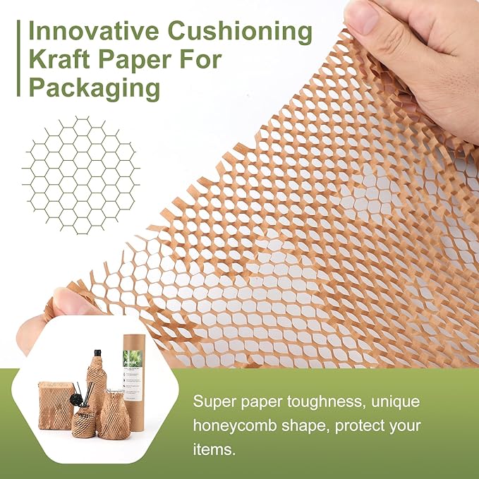 Neworld Honeycomb Packing Paper,Eco Friendly Bubble Cushioning Wrap for Moving,Products & Gifts Wrapping Paper,Recyclable Cushioning Packing Material (15" x 50') With 20 Fragile Sticker Labels
