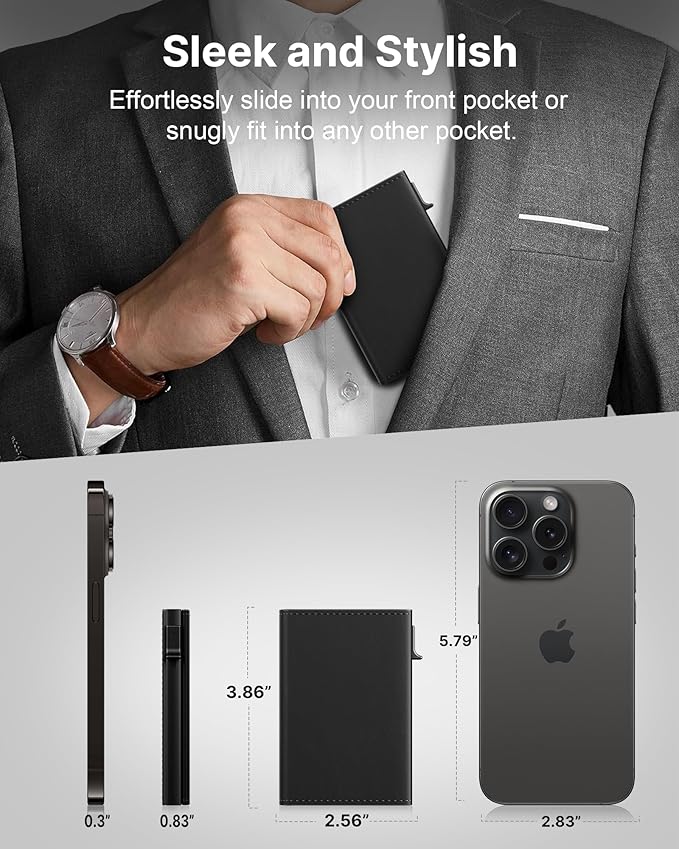 typecase Mens Wallet Card Holder: Pop Up Aluminum Case, Genuine Leather, Smart, RFID Blocking, Slim, Minimalist, Front Pocket - 9-14 Card Capacity | ID Window | Cash Slot (Deep Black)