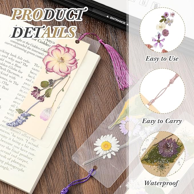 150 Pcs DIY Pressed Dried Flower Bookmark Making Kit, DIY Bookmark Bulk Thanksgiving Teacher Gifts for Reading Women Book Lovers(2 x 8 Inch,Purple)