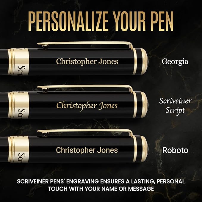 Scriveiner Personalized Black Rollerball Pen - Stunning Luxury Pen, Jet Black Lacquer & Real Gold Plating, Schmidt Ink Refill, Best Engraved Roller Ball Gift for Men & Women, Custom Name Engraving