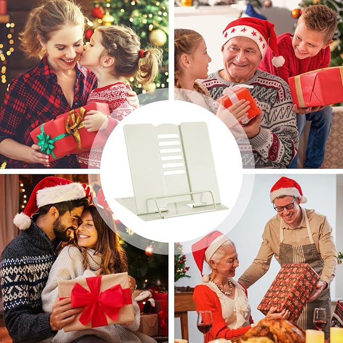 MSDADA Book Stand Metal Reading Rest Book Holder Adjustable Cookbook Documents Holder Portable Sturdy Bookstands for Recipes Textbooks Tablet Music Books with Page Clips Gifts for Girls (Milky White)