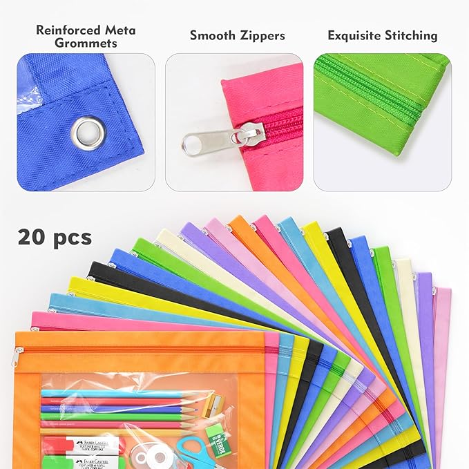 DoDoMagxanadu Binder Pencil Pouches, Pencil Pouch for 3 Ring Binder with Zipper Pulls, Clear Window Pencil Case for Binder, Zipper Pencil Pouches with Rivet Enforced 3 Ring, 20 Pack, 10 Color