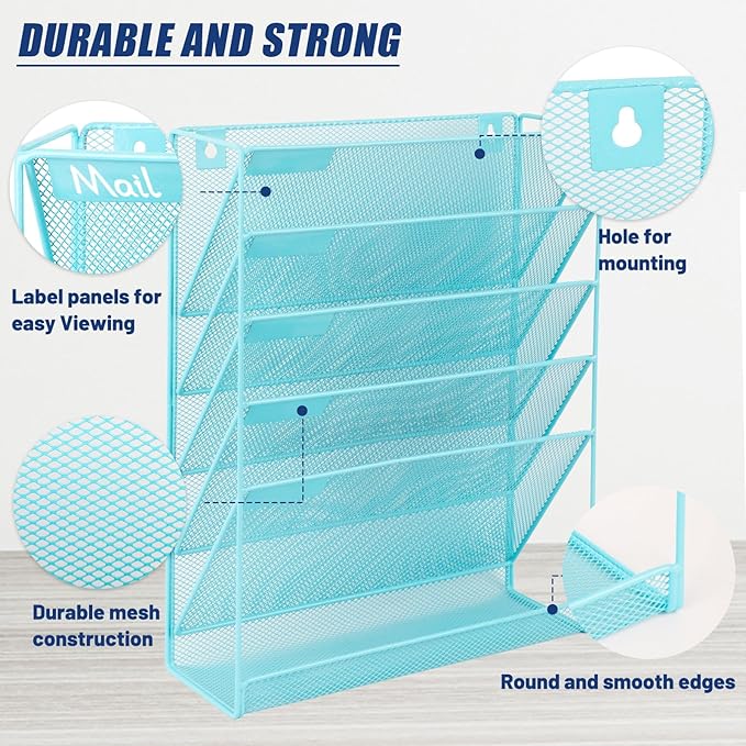 EASEPRES Desk File Organizer Mesh 6-Tier, Hanging Wall Mount Document Organization Stand, Desktop Vertical Mail Paper Folder Holder Rack with Bottom Tray for Office Home Cubicle Countertop, Blue