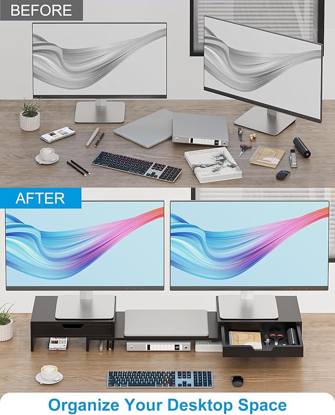 Dual Monitor Riser with Two Drawers for Desk, Bamboo Monitor Stand Riser with Storage, Desk Shelf for Computer, IMac & Laptop, No Assembly Required, Black