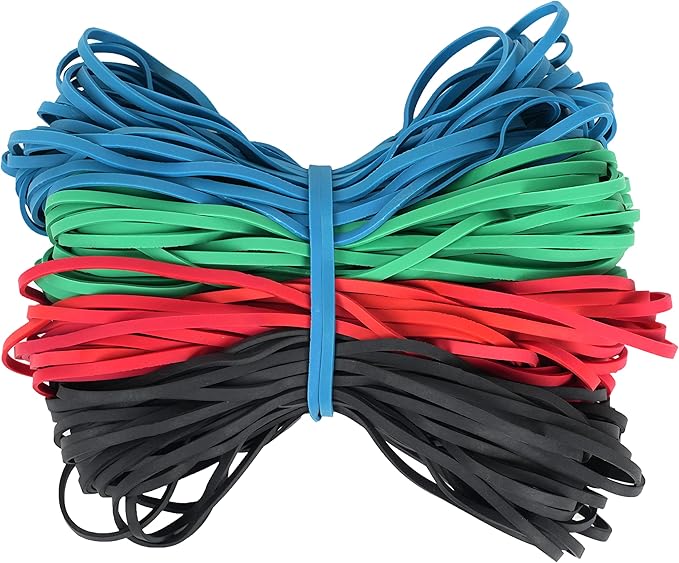Large Rubber Bands 140 Pack, Heavy Duty Big Elastic Bands Size #117, Colored (Black, Blue, Red, Green), 7x1/8 Inches, Fits Up to 33 Gallon Trash Cans