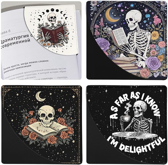 Skeleton Book Marks for Reading Women, 4 Pcs Funny Leather Book Accessories for Book Lovers, Skull Corner Bookmarks, for Women Men Student Teacher Retirement Birthday Gifts