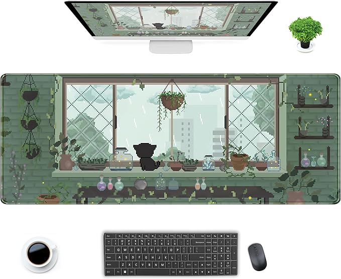 Green Kawaii Desk Mat Mousepad Pixel Plant Mouse Pad Gaming XL Large Desk Pad Anime Cat Desk Matt for Desktop, Computer Laptop Keyboard and Mouse Mat for Women Office Decor Accessories 31.5x11.8 in