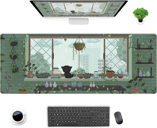 Green Kawaii Desk Mat Mousepad Pixel Plant Mouse Pad Gaming XL Large Desk Pad Anime Cat Desk Matt for Desktop, Computer Laptop Keyboard and Mouse Mat for Women Office Decor Accessories 31.5x11.8 in
