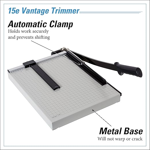 Dahle 15e Vantage Paper Trimmer, 15" Cut Length, 15 Sheet, Automatic Clamp, Adjustable Guide, Metal Base with 1/2" Gridlines, Guillotine Paper Cutter