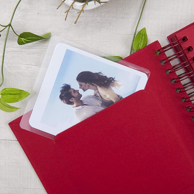 8 x 8 Inch Small DIY Scrapbook Photo Album with Window Design Cover 80 Pages Craft Paper Memory Book for Weeding Family Travel and Baby (Red)