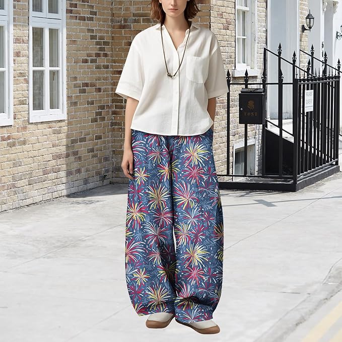 Zaswen Women's Oversize Loose Fit Breathable Pants Wide Leg Lounge Pants Fashion Casual Fireworks Print Trousers with Pockets