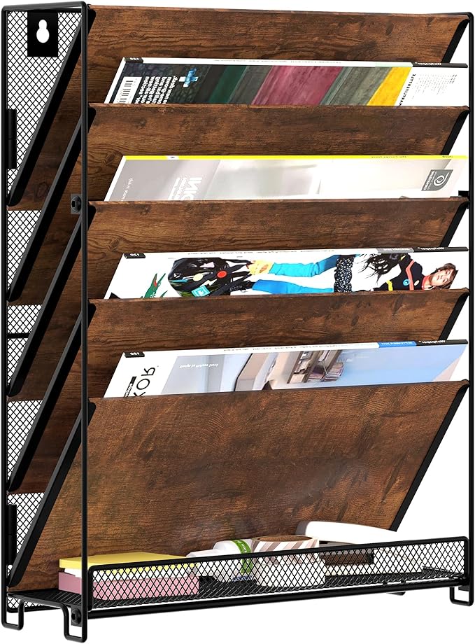 Metal Wall File Holder Organizer, 6-Tier Mesh Hanging Wall File Organizer, Magazine Rack with Trays, Wood Document Holder for Office Home, Brown