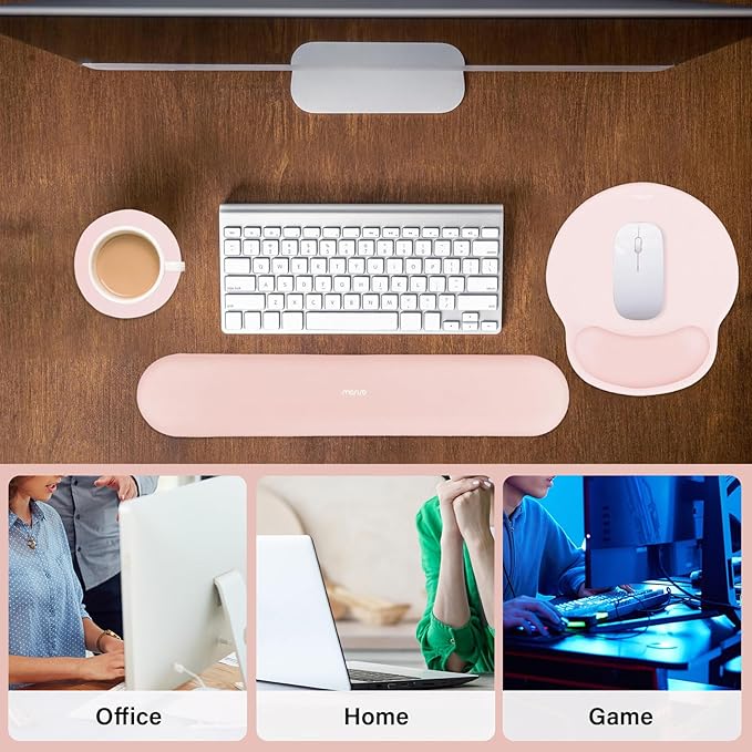 MOSISO Wrist Rest Support for Mouse Pad&Keyboard Set, Circle Curved Ergonomic Mousepad&Coaster Non-Slip Base Home/Office Pain Relief&Easy Typing Pad with Soft Cloth&Silicone Lining, Chalk Pink