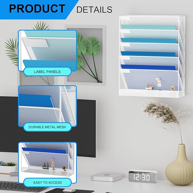 Wall File Organizer Holder Mesh Hanging Paper Document Holder,Vertical 6 Pocket Tier for Office Home, White
