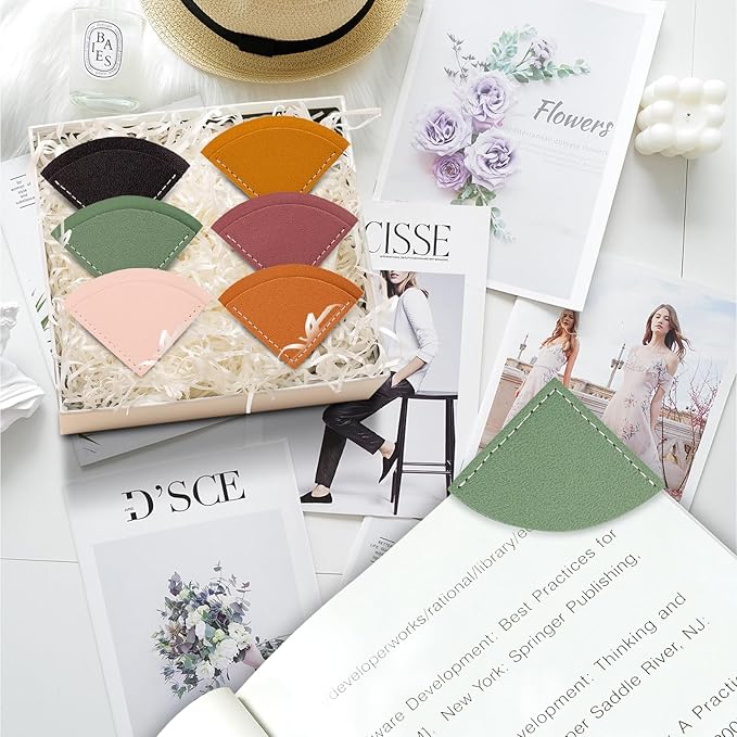 6 Pcs Fan-Shaped Page Book Marks - Leather Corner Bookmark for Women, Kids, Reading Lovers