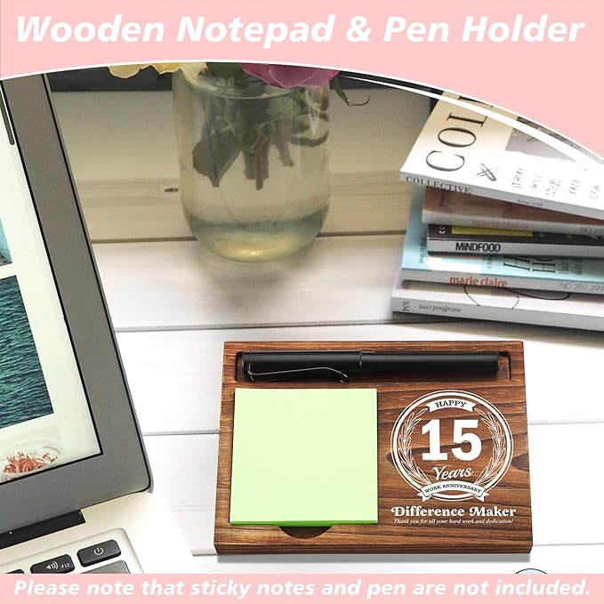 15th Work Anniversary Sticky Note Holder Wooden Notepad & Pen Holder 6.5" x 4.7" Sticky Note Pad Holder Dispenser for Desk Difference Maker Work Appreciation Gifts, NPA229