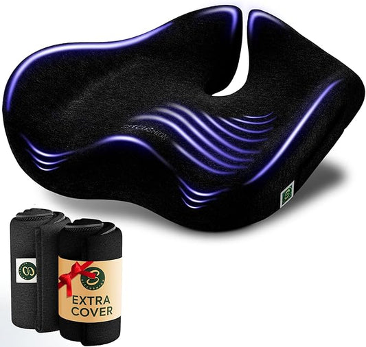 Pressure Relief Seat Cushion for Tailbone Pain – X Large Office Chair Cushion for Back Pain, Coccyx & Sciatica Pain Relief Pillow. Memory Foam Seat Cushions for Office Chairs. Extra Cover (Black)